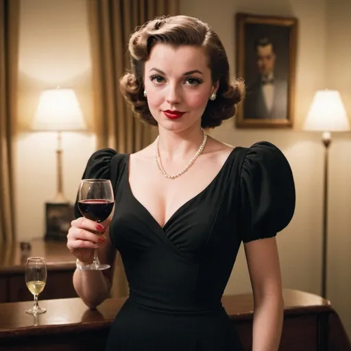 Prompt:   A woman with elegant 1940s-style hair and makeup, wearing a black dress with puff sleeves and holding a glass of wine.