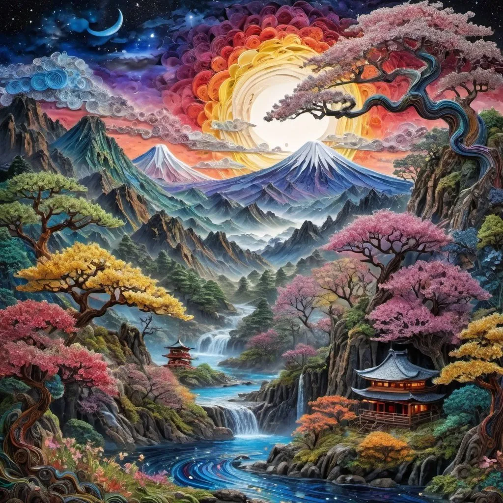 Prompt:  japan landscape,



color,3D paper art, quilling art,  


sculptural art, filigree, starry sky,   highly detailed, intricated, colorful, ,fantasy, Josephine Wall, Kush, elegant detailed fantasy acrylic , photorealistic digital art, 32k, octane, UE 5, splash of color, multicolored

 