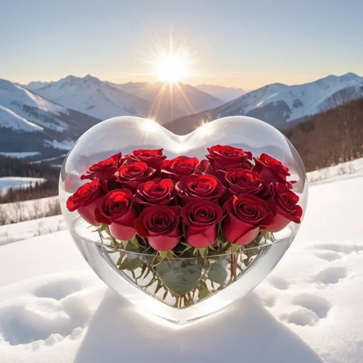 Prompt:  A heart-shaped glass container filled with red roses, set against a snowy winter landscape with mountains and a bright sun in the background.