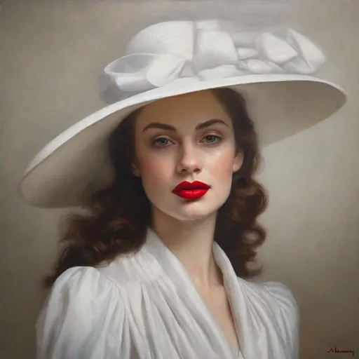 Prompt:  a woman wearing a white hat and red lipstick, a photorealistic painting by Alexander Kucharsky,  art photography, beautiful portrait oil painting, a beautiful victorian woman, beautiful woman portrait