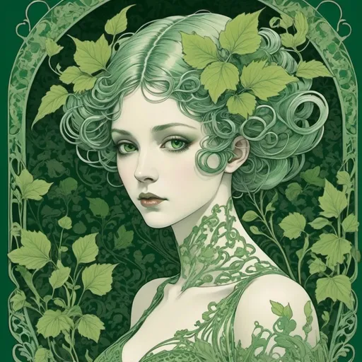 Prompt:  The beautiful ghostly girl, android with molten filigree green leaves damask ornamental pattern, fauna and androids are become one unit, biotechnical, art nouveau design by Marie Casset, Beatriz Milhazes and Aubrey Beardsley.