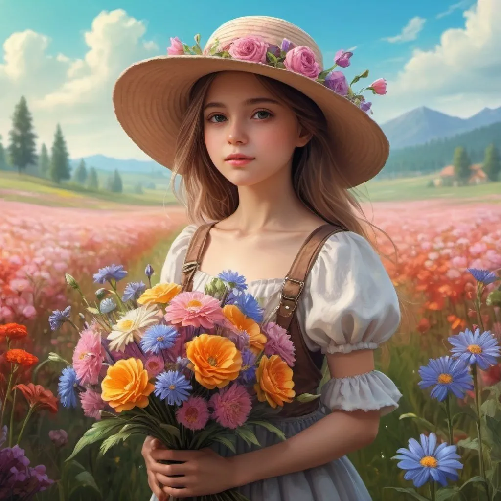 Prompt:  a girl in a flower field wearing a hat with a bouquet of flowers in her hands, a beautiful fantasy painting, beautiful UHD 4K art, beautiful digital work, very beautiful fantasy art, realistic detailed background, colorful digital fantasy art