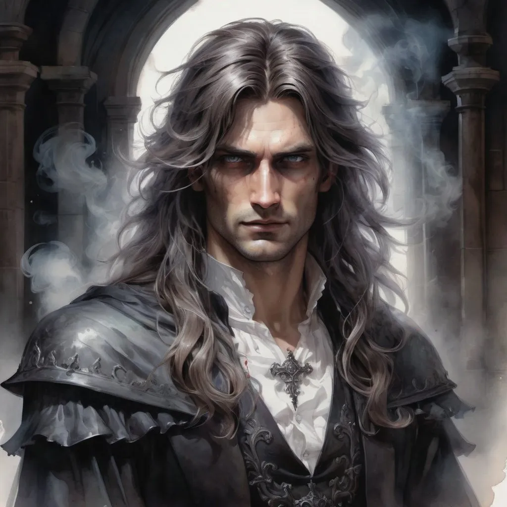 Prompt: Half body lord tall Handsome Man long messy hair, evil man, dark soul, with dark magic, and Cute maid woman, castle, transparent smoke, glowing eyes, realism, Watercolor, trending on artstation, sharp focus, studio photo, intricate details, highly detailed, by greg rutkowski