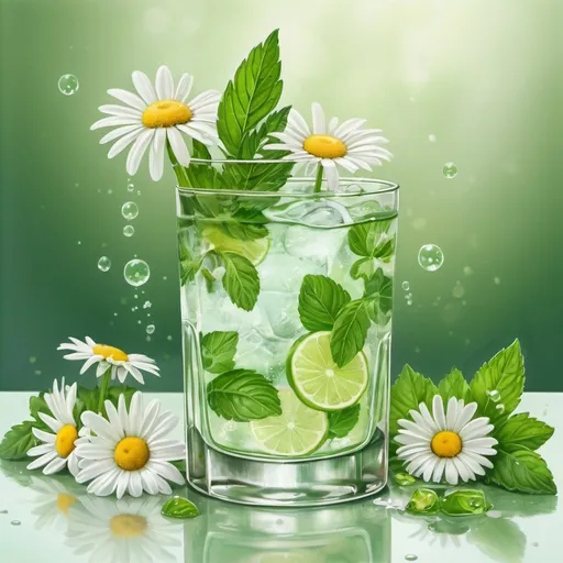 Prompt: a glass of mojito and white flowers, greens, daisies, behance HD, spring light, 9:4, very sweet, drink, beautiful!!!, dissolving, beautiful frames, [bubbles, lush wildlife, realistic, beautiful, natural , cartoon acrylic drawing