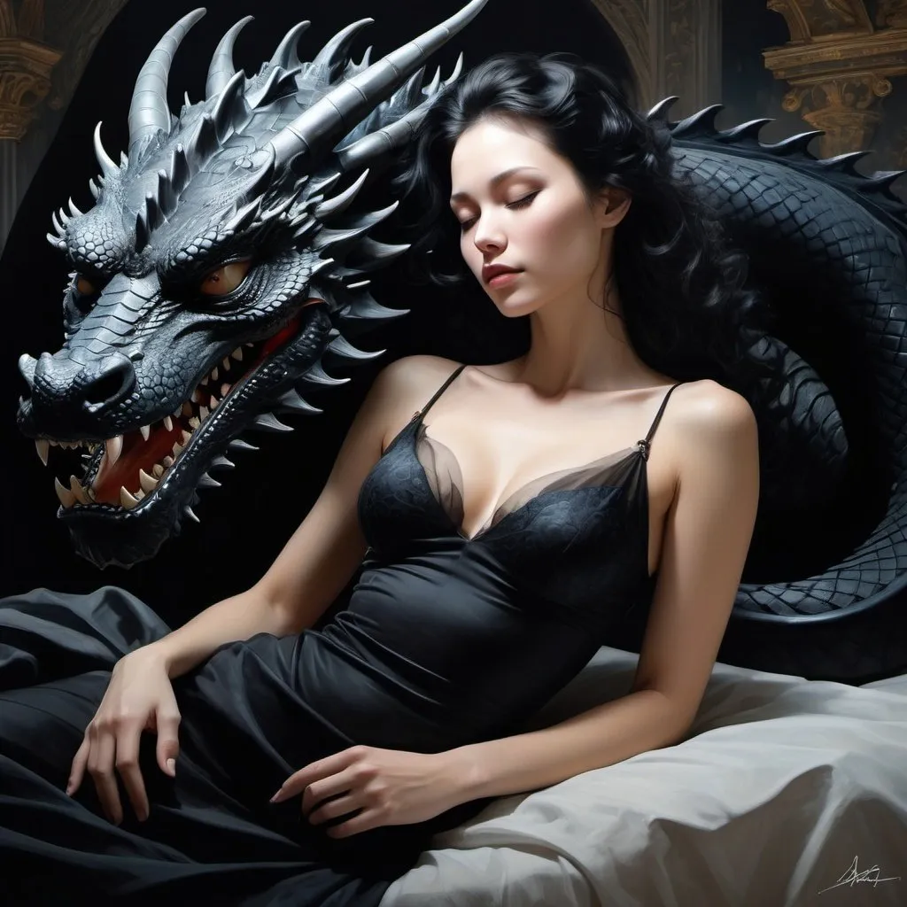 Prompt: ((best quality)), ((masterpiece)), (detailed), An enchanting digital painting showcasing a double exposure of Russian tantalizing woman sleeping on a black dragon, wearing black dress, black long curly hair, tantalizing smile, full-length, in a backdrop of palace, extremely close-up portrait style reminiscent of the work of Jae Lee. This artwork utilizes multiple exposures, overlaying textures, and expert post-processing to convey a sense of dynamism and depth. The incorporation of Jae Lee's style adds a unique flair to the character, enhancing her complexity and bringing a fresh perspective to the composition.