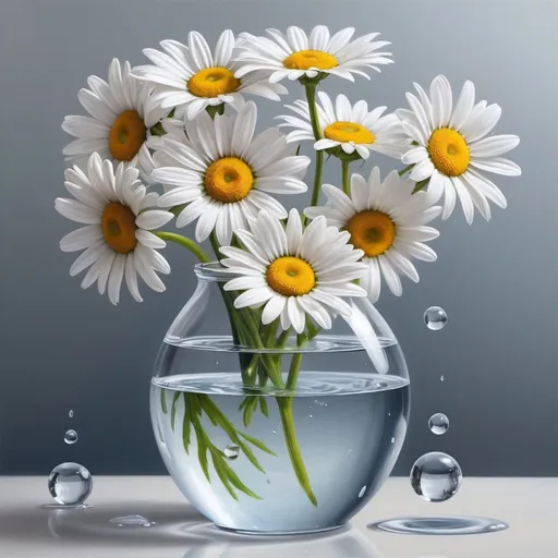 Prompt: vase with water, daisies floating in water, drops, delicate, transparent background, listing, durability, realistic, high detail, three-dimensional drawing, oil painting