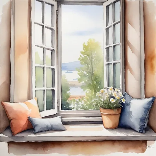 Prompt: Contemplating this serene painting of a window sill adorned with fluffy pillows brings a sense of calm. 🖼️✨ Home Decor Artistic Vibes Relaxation Station Detailed Watercolor Sketch Drawing 