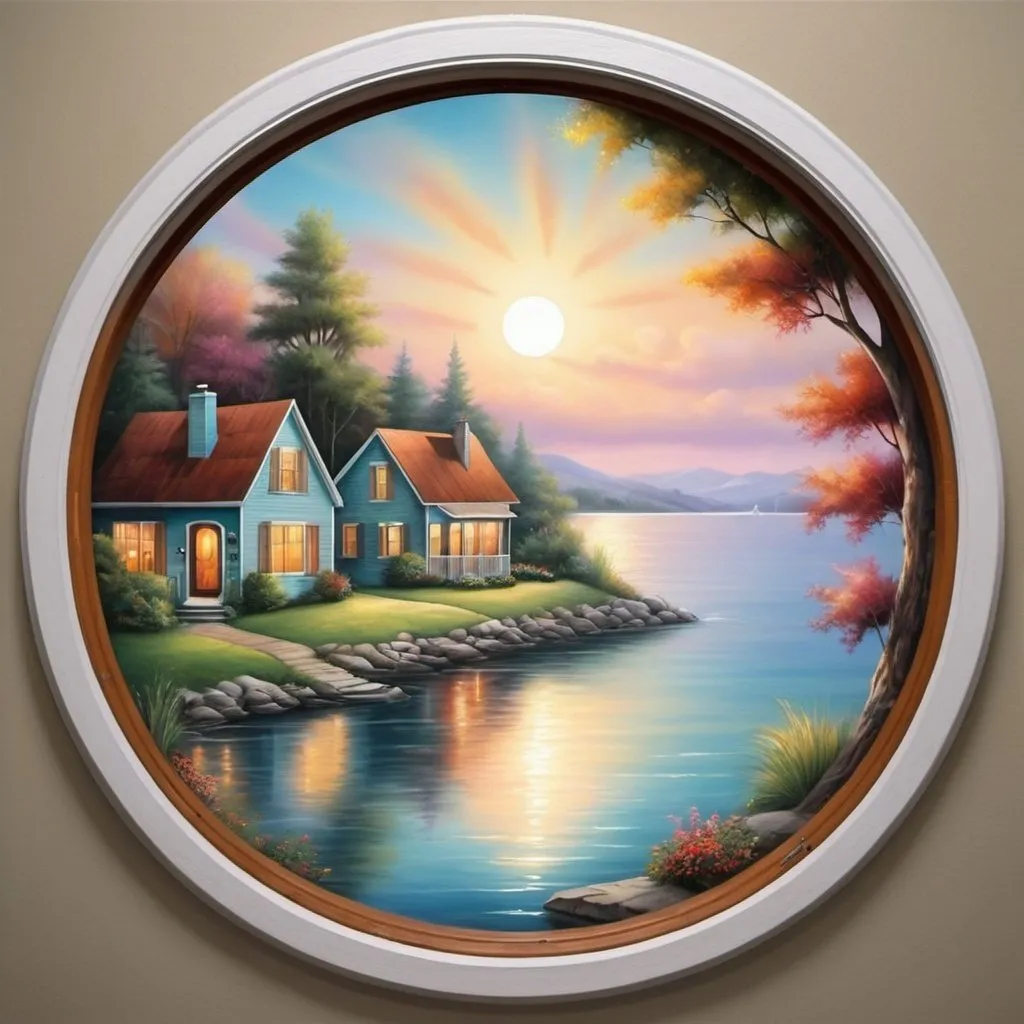 Prompt: Houses by the water, round design, large round window, full-color, airbrushed, dreamy painting