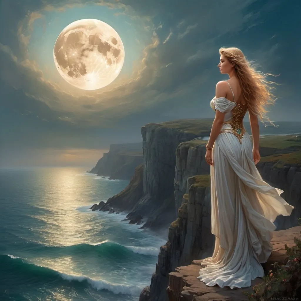 Prompt: a woman standing on top of a cliff next to the ocean, romanticism painting, beautiful fantasy painting, very beautiful fantasy art, beautiful fantasy maiden, romantic painting, romanticism artwork, dramatic fantasy art, goddess of the moon, in stunning digital paint, by Mark Arian, beautiful fantasy art, breathtaking fantasy art, romanticism art style, portrait of celtic goddess diana