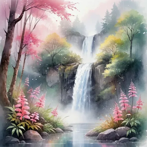 Prompt: waterfall in the middle of the forest, beautiful flowers and leaves, colorful flowers, raindrops mist, dream landscape, romantic painting, with floral splashes, atmospheric, mystical misty glow, pink reflections, wet leaves, beautiful sunlight, beautiful color palette, realistic, natural, high detail, medium plan, the effect of blooming lighting,
dry watercolor, the art of color sketch