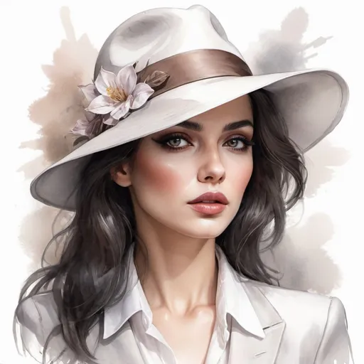 Prompt: femme fatale in a white blouse (transparent) suit and hat gray, dark hair, brown expressive eyes, makeup, pursed lips,fantasy style, woman, clothes with high detail, naturally, high detail,middle close-up, bloom light effect, dry watercolor, color sketch art