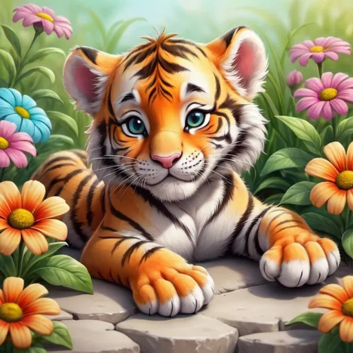 Prompt:  A cute little tiger cub, sleeping on a flower bed, a summer day, very beautiful, bright colors, beautifully realistic fantasy cartoon airbrush drawing