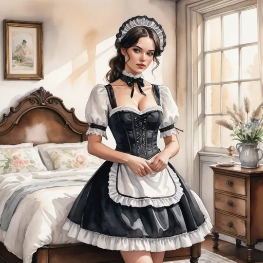 Prompt: A captivating watercolor illustration of a stunning brunette dressed as a classic maid. The costume features a corset-style top adorned with lace detailing, a matching skirt with an apron, and a traditional headpiece. She accessorizes with a lace choker and wrist cuffs, adding to the authentic maid aesthetic. The maid holds a small feather duster and poses gracefully in a cozy bedroom setting. The natural light streams in, creating a warm and inviting atmosphere with soft, ethereal shadows.