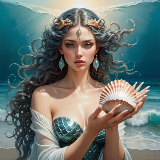 Prompt:  a painting of a siren holding a seashell in her hands, goddess of the sea, karol bak uhd, goddess of the ocean, beautiful fantasy painting, beautiful fantasy art, breathtaking fantasy art, very beautiful fantasy art, fantasy woman, beautiful digital art, beautiful fantasy art portrait, beautiful gorgeous digital art, fantasy beautiful, fantasy painting hd, beautiful digital artwork, wonderful sick hands with 5 fingers 