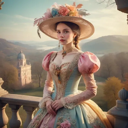 Prompt:  a woman in an ornate, colorful historical dress and hat poses against a background (picturesque landscape), lots of details, light, delicate sensuality, realistic, surrealism, high quality, work of art, detailing, professionally, filigree, hazy haze, hyperrealism, transparency, delicate pastel tones, back illumination, contrast, fantastic, fabulous, unreal