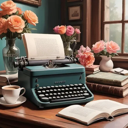 Prompt:   a painting of a typewriter and a cup of coffee, books and flowers  trend in art station,   writing in journal,   ornate designs on desk, art station trend, with one vintage book on a table, vignette illustration, best of art station, vintage theme