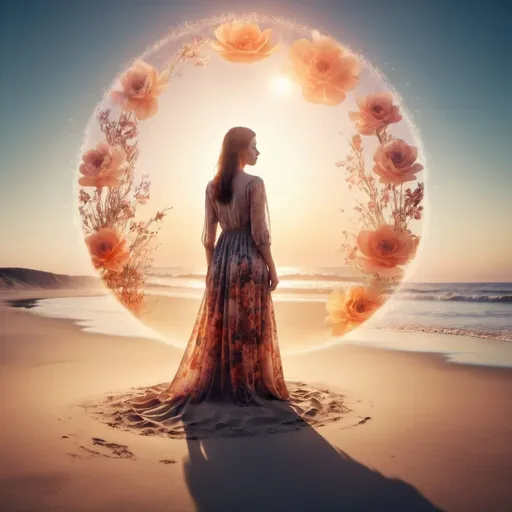 Prompt: a woman standing on the sand, a floral sunset, enchanted dreams. portrait of a dream, overhead light, surrealism, double exposure,