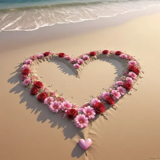 Prompt: a heart shaped flower sitting on top of a sandy beach, heart made of flowers, very beautiful digital art, romanticist, romanticism artwork, beautiful gorgeous digital art, love is begin of all, romanticism painting, 3 d ornate carved water heart, beautiful digital art, beautiful digital artwork, love os begin of all, exquisite digital art, summer of love 