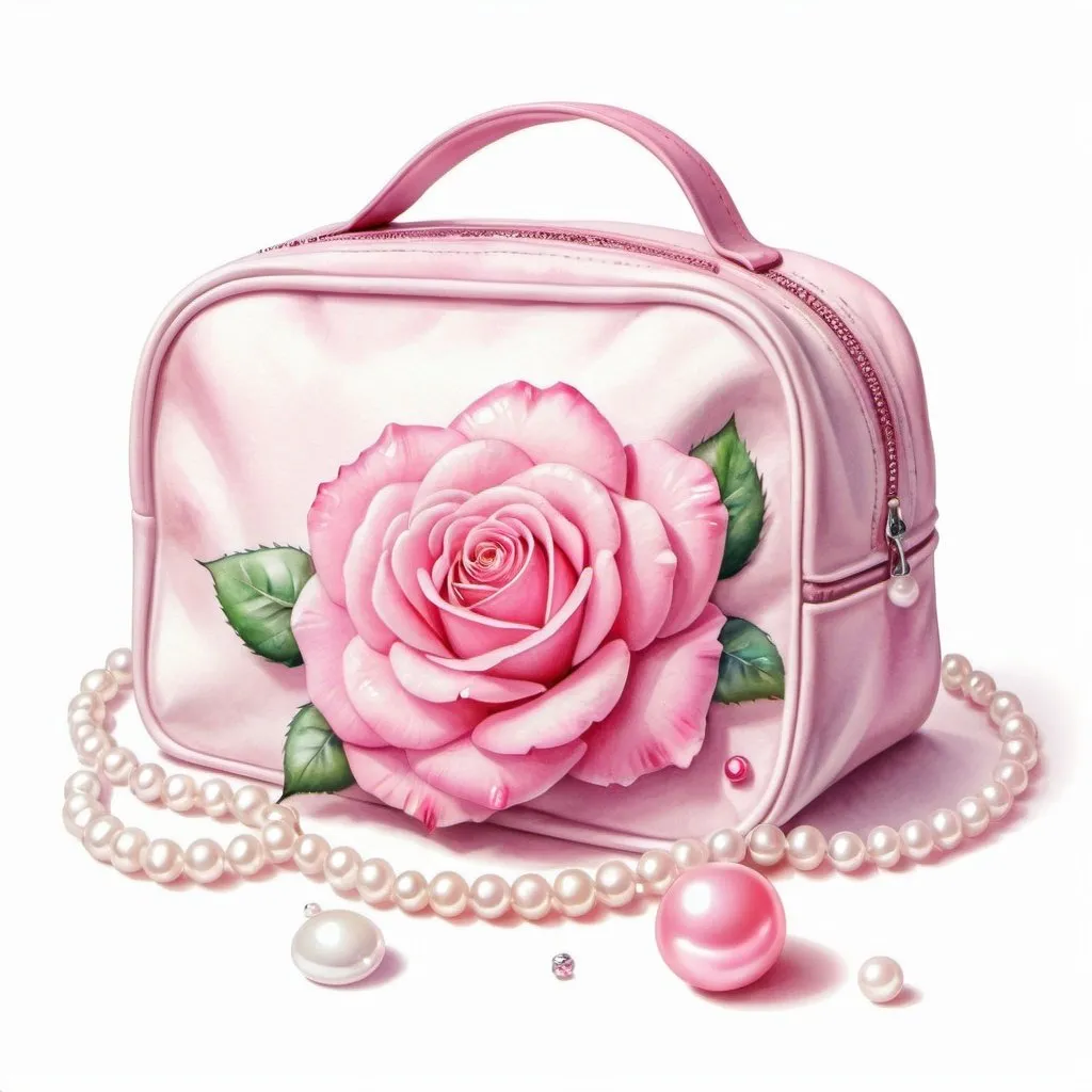 Prompt: Pink cosmetics bag and cosmetics, Jewelry, pink rose, pearls, white background, fantasy beautifully realistic, 3D watercolor drawing with tracing, digital illustration high resolution, high detail, 30mm lens, 1/250s, f/2.8, ISO 100