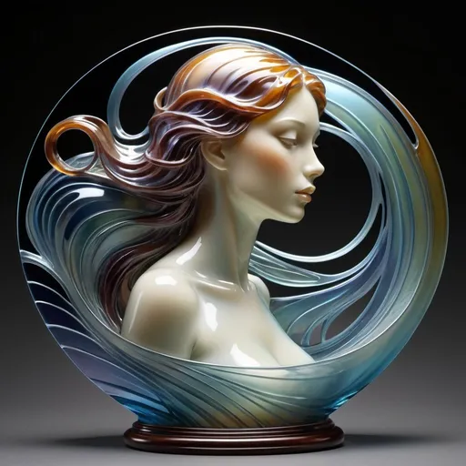 Prompt: Art Nouveau glass sculpture embodying a woman, flowing hair mimicking Lalique glassware, elegant curvilinear form, catching prismatic light, highly intricate detailing, positioned gracefully against a muted backdrop, stained glass effect, vibrantly colored, varying opacities and textures, interplay of translucency and reflection, ultra clear, ultra realistic.