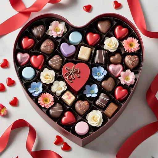 Prompt: A heart-shaped box filled with assorted chocolate candies, flowers, and other decorative elements.