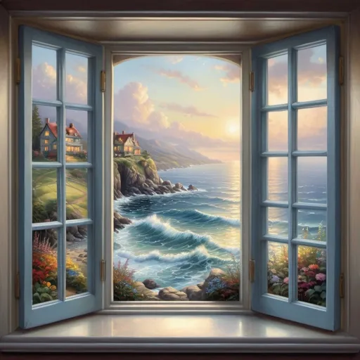 Prompt:  a painting of a window with a view of the ocean, beautiful fantasy painting, romanticism painting, style thomas kinkade, thomas kinkade painting, thomas kinkade style painting, by Thomas Kinkade, dream scenery art, thomas kinkade. highly detailed, style of thomas kinkade