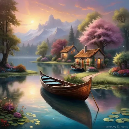Prompt: painting of a boat on a pond, beautiful painting in fantasy style, romantic, dream scenery art, very beautiful fantasy art, fantasy. gondola, beautiful gorgeous digital art, romantic landscape painting, fantasy seascape, whimsical fantasy landscape art, beautiful fantasy art, Thomas Kinkade painting, fairytale painting, very beautiful digital art, fantasy landscape painting