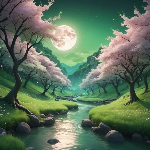 Prompt: A river flowing through a lush green forest under a full moon, 3D anime drawing, floral sunset, dreamworks, enchanted dreams. instagram, night wonderland, cherry trees, pastel, 3d matte painting