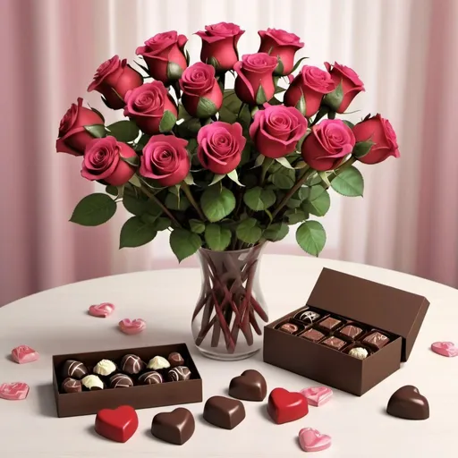 Prompt: a bouquet of roses and chocolates on a table, computer graphics ,  romanticism, chocolate art, for a beautiful, decorative roses