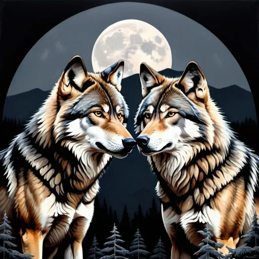 Prompt: Symmetrical realistic portrait of two wolves facing each other in front of a full moon, detailed landscape with mountains and forest in the background, dark shades and contrasts, artist Alexandra Vavilova.