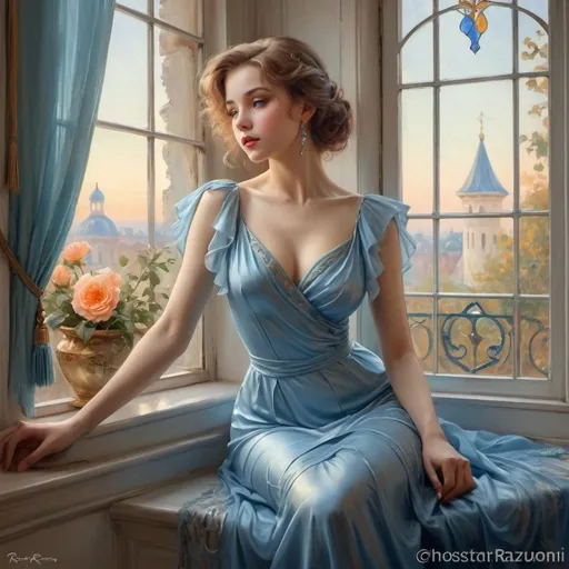 Prompt:   a woman in a blue dress sitting on a window sill, beauty art nouveau woman, romanticism painting, beautiful fantasy painting, elegant cinematic fantasy art, very beautiful fantasy art, beautiful fantasy art portrait, photoreal elegant, beautiful fantasy portrait, gorgeous digital painting, elegant lady, retro vintage and romanticism, ( ( konstantin razumov ) ), elegant woman