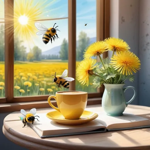 Prompt: a cup of coffee on the table, a bouquet of dandelions, a flower field in the background, sun-drenched windows, a 3D bee, an energetic mood, a bright optimistic beautiful drawing volume watercolor