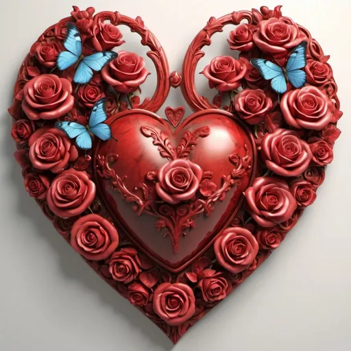 Prompt: a heart shaped frame with roses and butterflies, hearts symbol, love is begin of all, love os begin of all, heart, many hearts, my heart is human, several hearts, (heart), hearts, mechanical heart in center, 3 d ornate carved water heart, romanticist, real heart, anatomically correct heart, human heart, love theme, red hearts