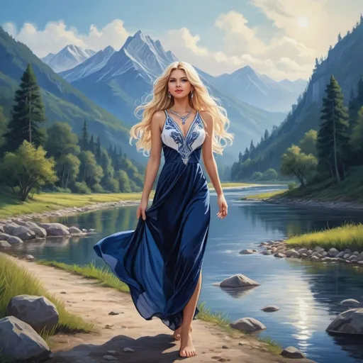 Prompt: a woman in a dark blue + white dress, Selena, precious jewelry, long loose blonde hair, she walks along the riverbank, against the background of mountains and forests, beautiful fantasy, high detail,very bright design, realistic, acrylic in cartoon style