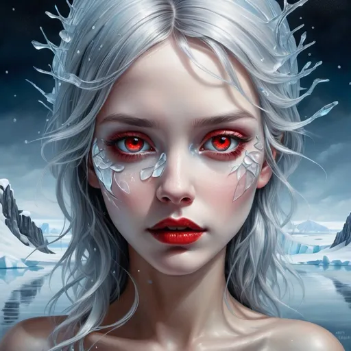 Prompt: Antarctica,  fantasy emotionally expressive portrait Shaddy madness  professional masterpiece action painting  oil  highly stylized  painting on cracked broken glass  mixed with lines markers art by Christine Ellger,  Mark Ryden , digital art, epoxy glass bioluminescent beautiful transparent   tender ice fairy girl , silver hair, glittering  sharp glowing eyes, expressive eyes, red lips, snow,  ice,  silver eyes, detailed petals texture,, detailed texture, , sculptural art,  , ,artistic tender.  beautiful, tiny detailed, 