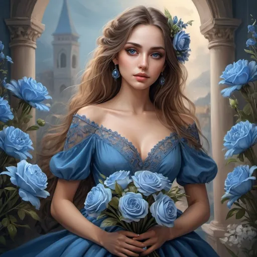 Prompt: a woman in a blue dress with a bouquet of flowers in her hands, a beautiful fantasy portrait, a beautiful woman with detailed faces, very beautiful fantasy art, a beautiful fantasy girl, detailed realistic beautiful, very beautiful digital art, very detailed beautiful face, romantic painting, very detailed and beautiful face, beautiful drawings Fantasy style, very detailed stunning deep eyes