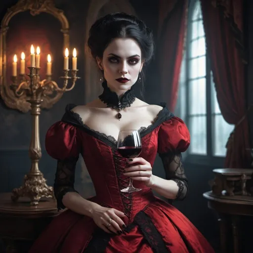 Prompt:  a woman in a red dress holding a wine glass, elegant victorian vampire, victorian lady, victorian vampire, lady dimitrescu, beautiful scary female vampire, beautiful vampire female queen,   beautiful female vampire, portrait of a lady vampire, character design  gothic, historical baroque dress dark, victorian gothic, elegant cinematic fantasy art, a beautiful victorian woman
