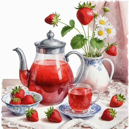 Prompt: a jug with strawberry juice and a vase with club jam, a teapot stands on a lace napkin , white background, realistic, watercolor drawing