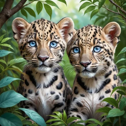 Prompt: Two small leopards, light blue eyes, in a thicket of lush bushes, cute beautiful twin twins, cute face, realistically beautiful fantasy art drawing