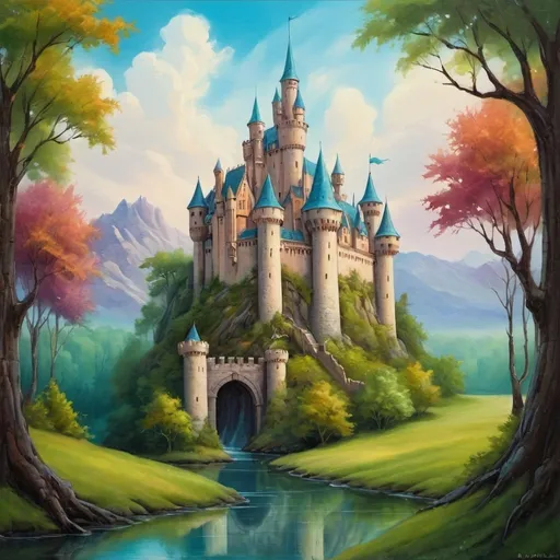 Prompt: a painting of a castle surrounded by trees,   fantasy art, beautiful fantasy painting, fairytale painting, whimsical fantasy landscape art 