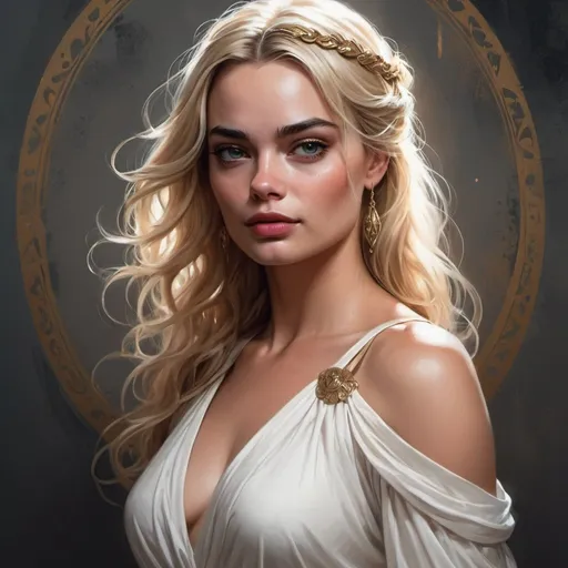Prompt: a painting of a woman in a white dress, a detailed painting by Charlie Bowater, cgsociety, fantasy art, charlie bowater and artgerm, margot robbie as a greek goddess, beautiful fantasy art portrait