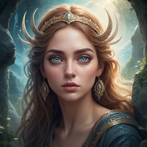 Prompt: Fantasy mythology-style illustration featuring a character with expressive long eyelashes and perfect eyes, enveloped in an epic, magical scene with an exquisitely complex background, masterpiece-level, gorgeous detail, expressive, beautiful, dramatic lighting, ultra fine, breathtaking surreal masterpiece.