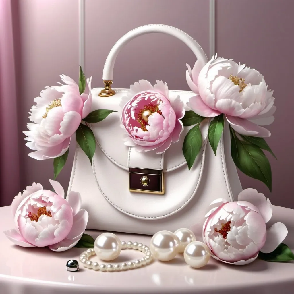 Prompt:  handbag ,white and pink peonies on the table,pearls , perfume bottle , fantasy beautifully realistic, 3D cartoon