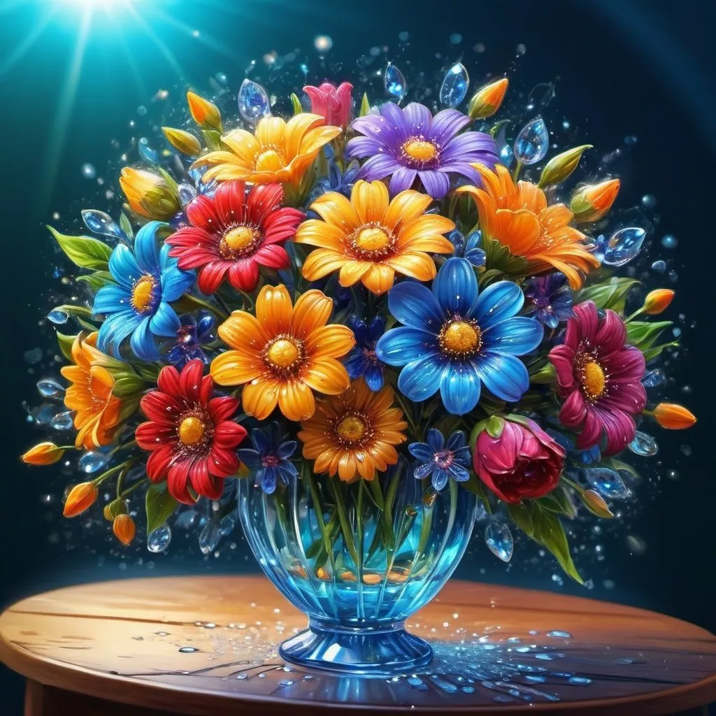 Prompt: a bouquet of flowers standing on the table, sparkling, ornate , macro-shaped, brilliant, cute, beautiful, creating a beautiful, sparkling dew, within the framework of radiant connection,bright, saturated, magnificent digital art, beautiful deep colors, beautiful drawing, acrylic
