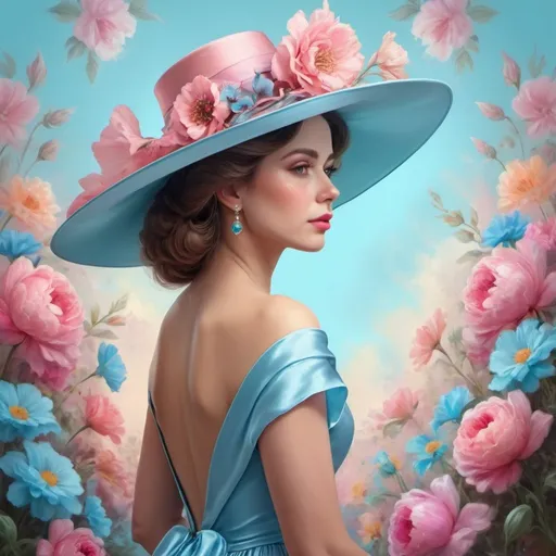 Prompt:  a medium quality digital painting of a (Portrait) woman in a (exquisite) satin dress combined baby blue + pink and color hat, surrounded by flowers, vintage style, bright colors, soft light, surrealism, back view, detailed, art, floral design, female portrait, close-up, colorful, digital art, 4k.