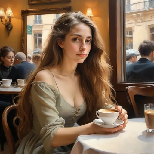 Prompt:  Realistic oil painting of a woman with long flowing hair sitting at a table in a French cafe with a cup of coffee in her hands, inspired by the works of John Singer Sargent and Edgar Degas, intricate details capturing the essence of French culture and elegance, warm ambient lighting (distant shot), bright colors and textures.