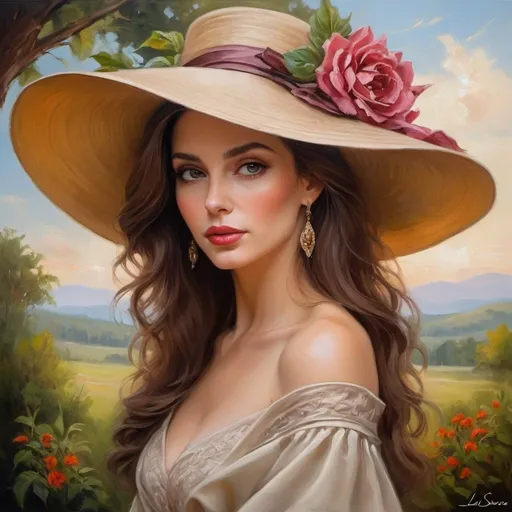 Prompt: a painting of a woman wearing a large hat, elegant oil painting, elegant and refined painting, romanticism painting, beautiful fantasy art portrait, , exquisite painting, beautiful portrait oil painting, style of laura sava, gorgeous painting, beautiful fantasy painting, stunning painting, beautiful oil painting on canvas, beautiful fantasy portrait, beautiful oil painting