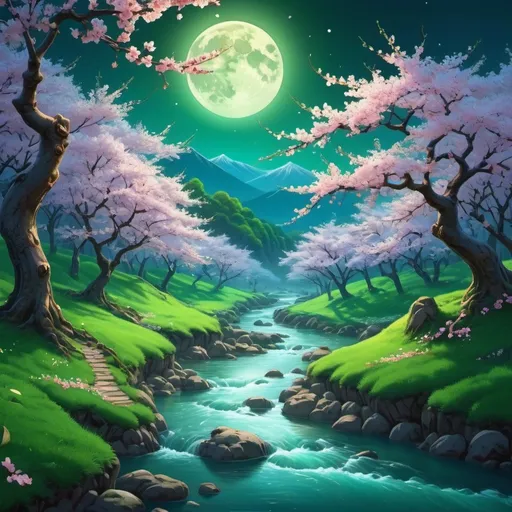 Prompt: The unique landscape is fascinating: a river flowing through a lush green forest under a full moon, beautiful and spectacular twilight, blooming cherry trees, pixar art 3d, Japanese art style, "enchanted dreams".