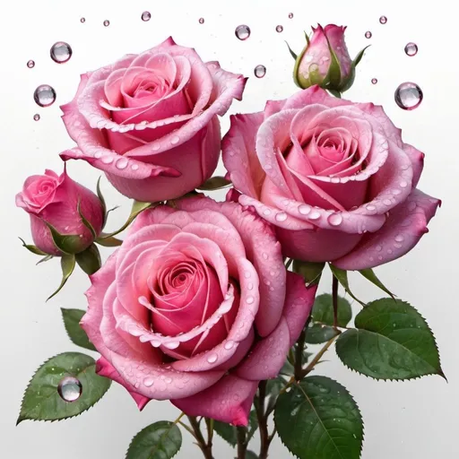 Prompt:  a bouquet of pink roses with water droplets, decorative roses, white background, drawing,fantasy is realistically beautiful.