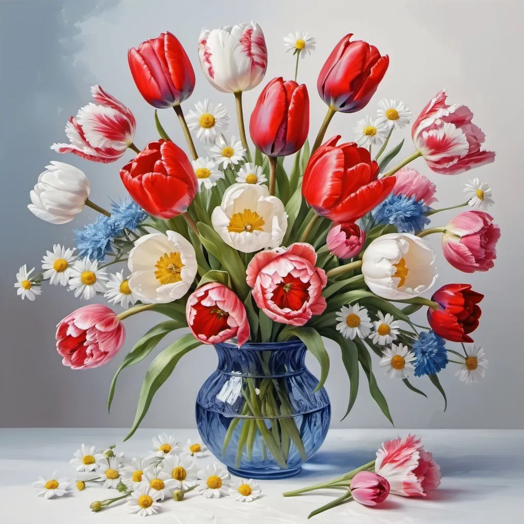 Prompt: bouquet of flowers tulip, carnation, rose, chamomile,on a white background, incredibly detailed oil painting, red white , pink blue, visualized image, heavily decorated, image, very decorated